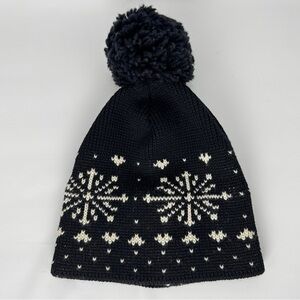 VTG Wigwam Pure Wool Winter Beanie Hat Pom Pom Unisex Black White Snowflakes USA